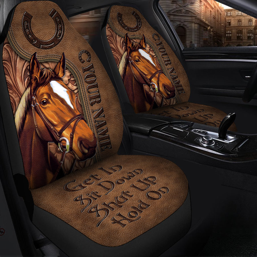 Personalized Name Horse Leather 2 Hold on Car Seat Covers Universal Fit - Set 2