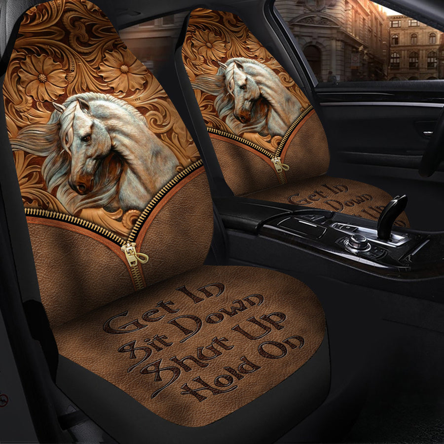Get in Sit down Shut up Hold on AK53 - Horse Car Seat Covers With Leather Pattern Print Universal Fit Set 2