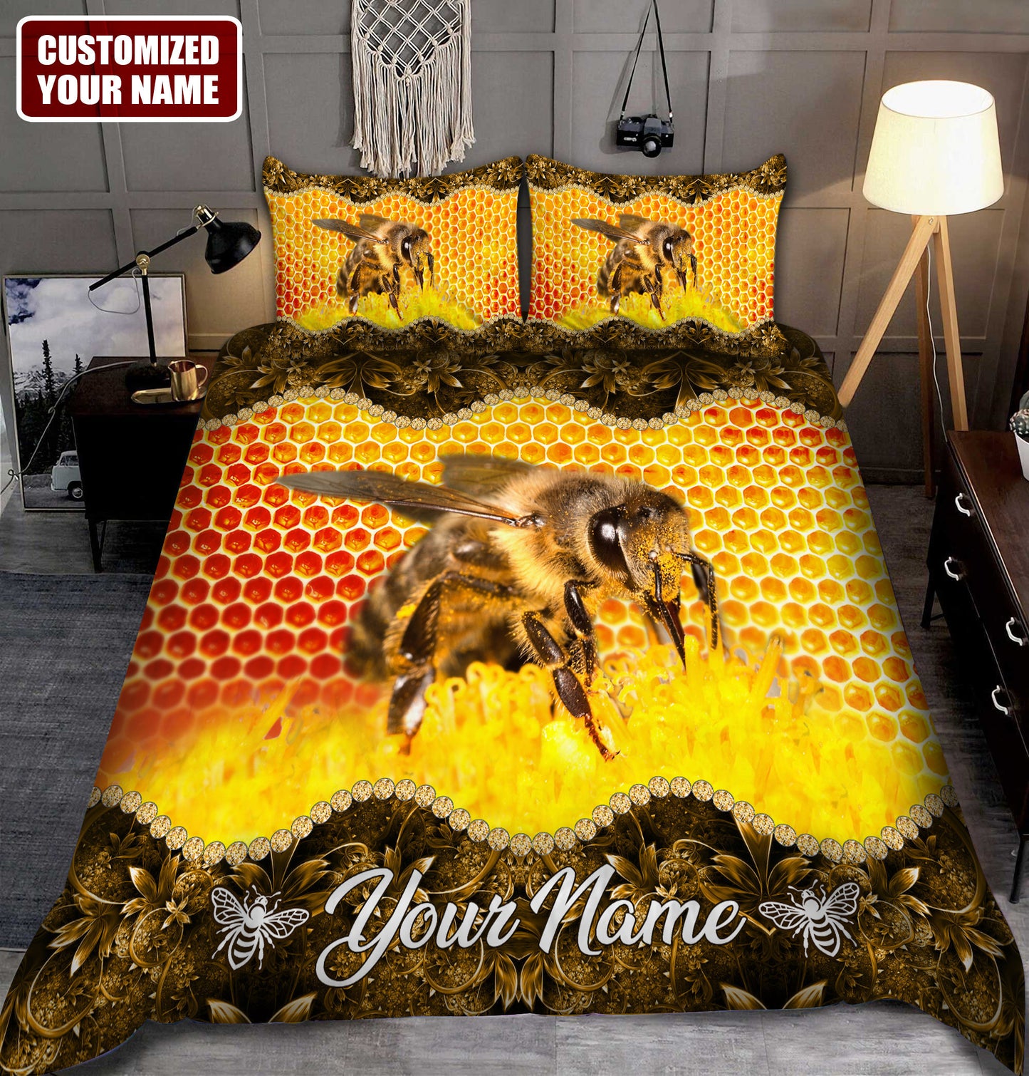 Personalized Name Honey Bee All Over Printed Bedding Set