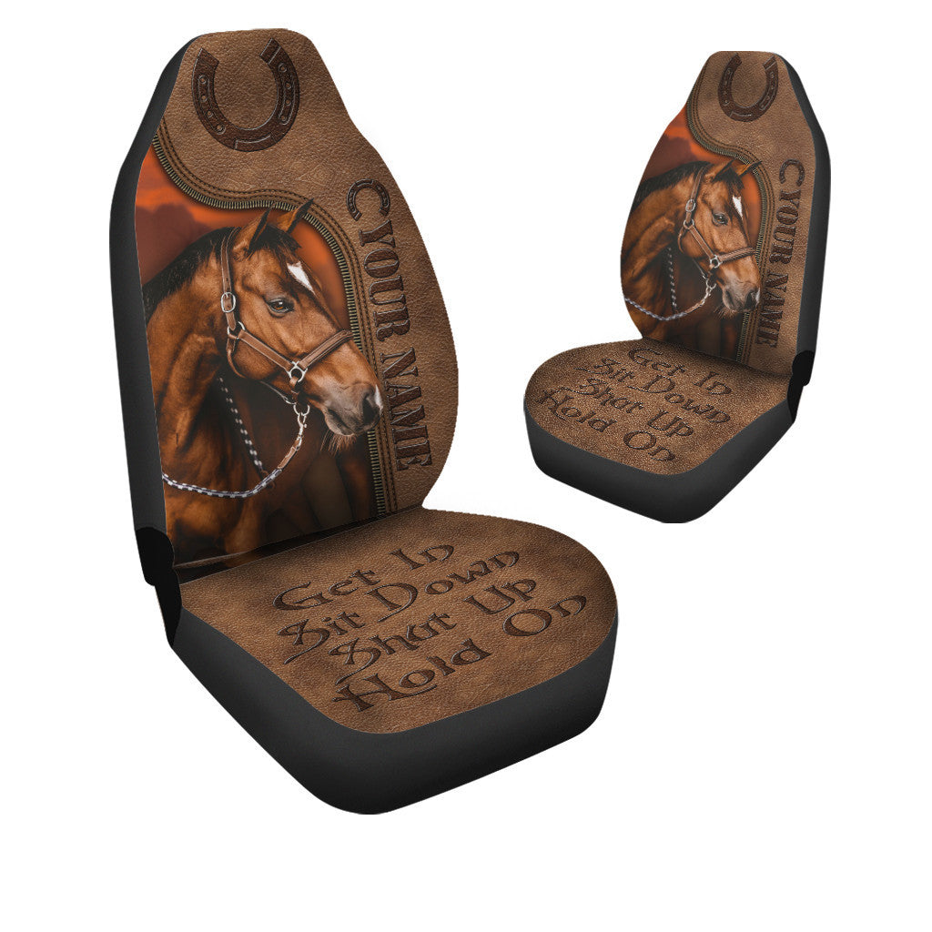 Personalized Name - Get in Sit down Shut up Hold on AK59 - Horse Car Seat Covers With Leather Pattern Print Universal Fit Set 2