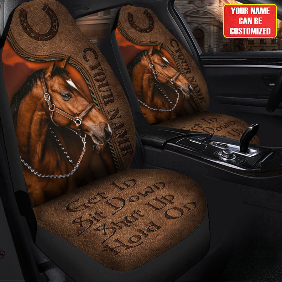 Personalized Name - Get in Sit down Shut up Hold on AK59 - Horse Car Seat Covers With Leather Pattern Print Universal Fit Set 2