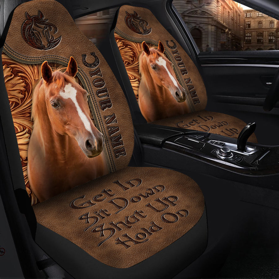 Personalized Name Horse Leather 3 Hold on Car Seat Covers Universal Fit - Set 2