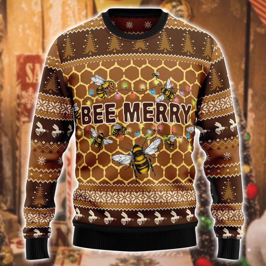 Bee Merry Christmas Ugly Knit Sweater , Wool Sweater , Xmas Ugly sweatshirt , Unisex ugly sweater