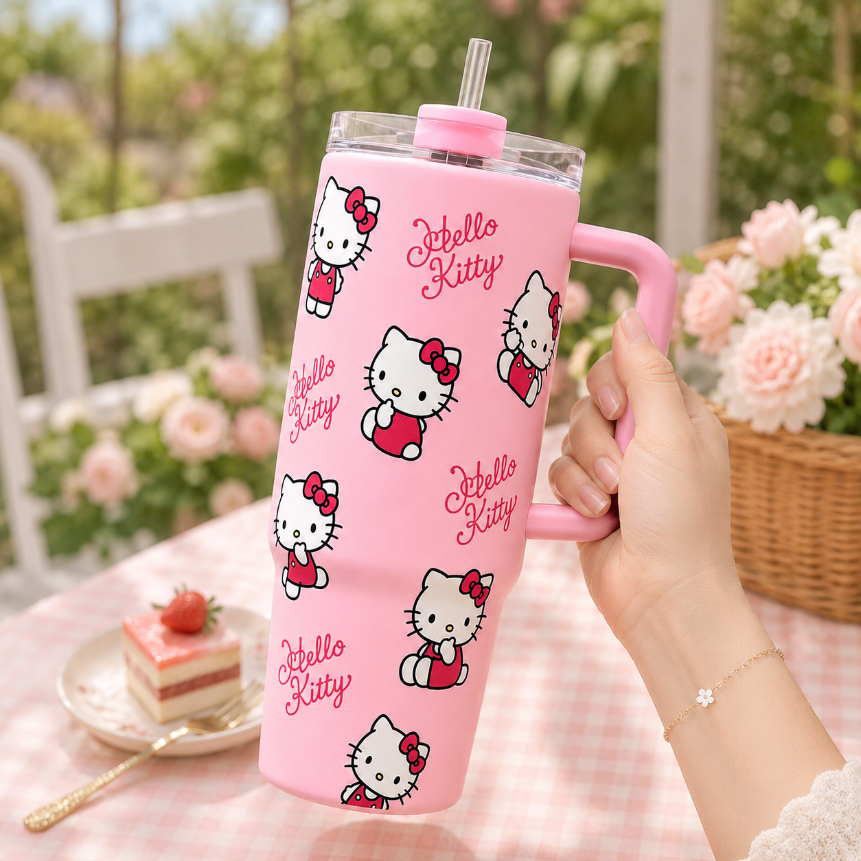 Personalized Cute Cartoon Cat Tumbler with Handle, Pink Insulated Travel Mug, Kawaii Style Gift for Her