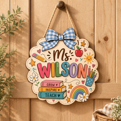 Personalized Teacher Door Sign – Custom Name Wooden Classroom Decor