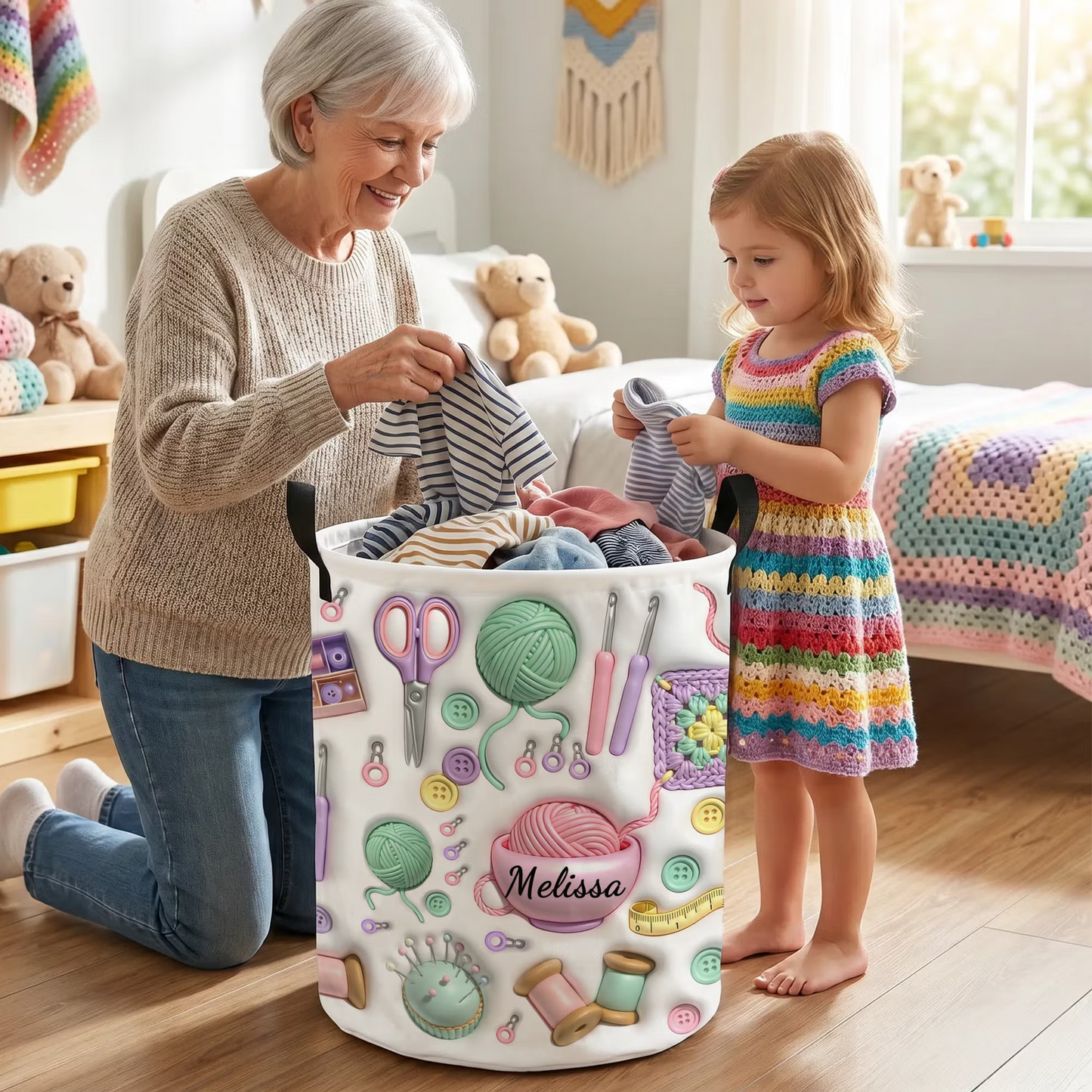 Crochet & Yarn Storage Basket with Handles, Large Capacity Laundry Basket