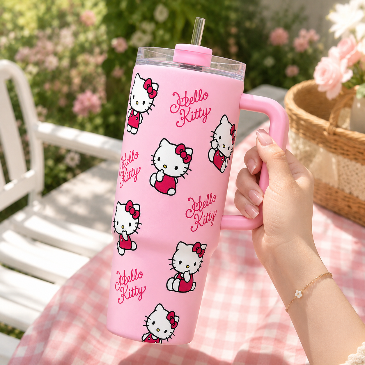 Personalized Cute Cartoon Cat Tumbler with Handle, Pink Insulated Travel Mug, Kawaii Style Gift for Her