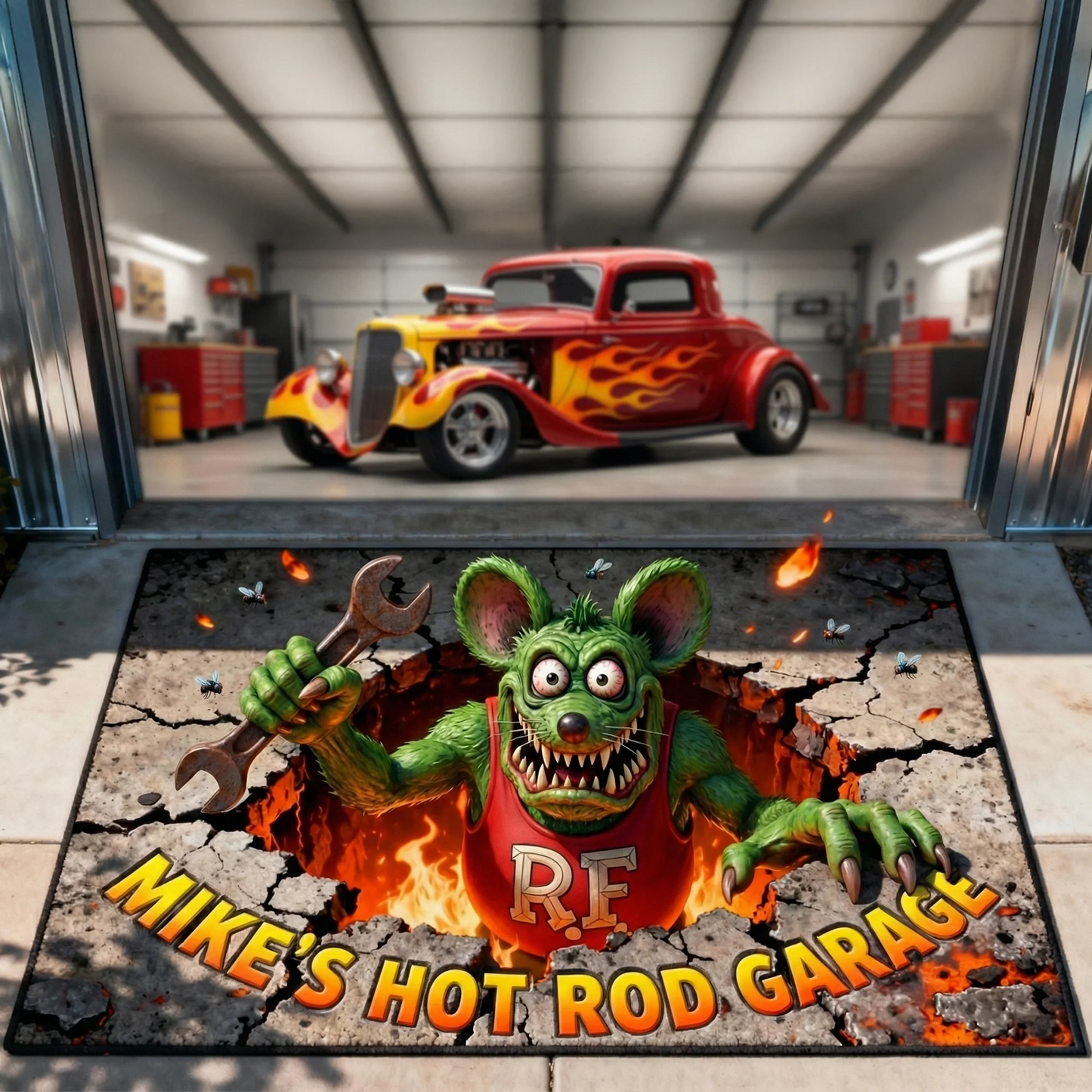 Hot Rod Garage Doormat - Personalized Gifts For Hot Rod Lovers