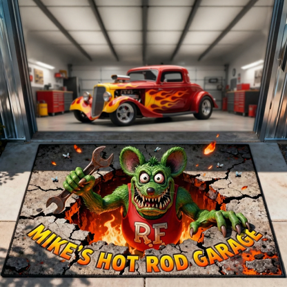 Hot Rod Garage Doormat - Personalized Gifts For Hot Rod Lovers