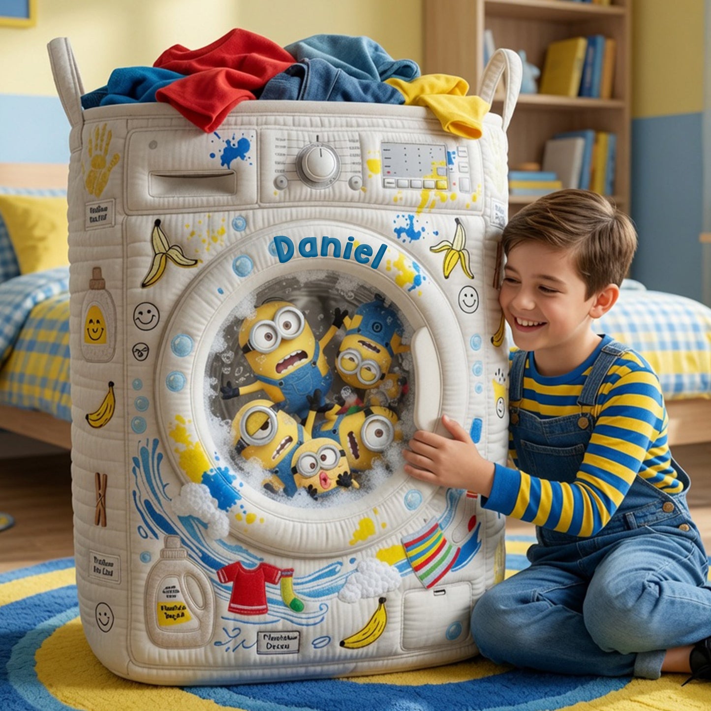 Personalized Yellow Funny Characters Quilt Basket - Custom Name Banana Cartoon Basket