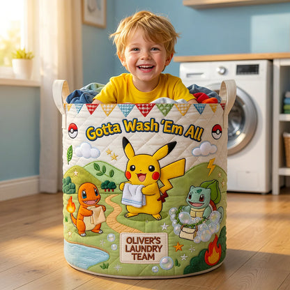 Lovely Characters Doing Laundry Quilted Laundry Basket - Personalized Gifts