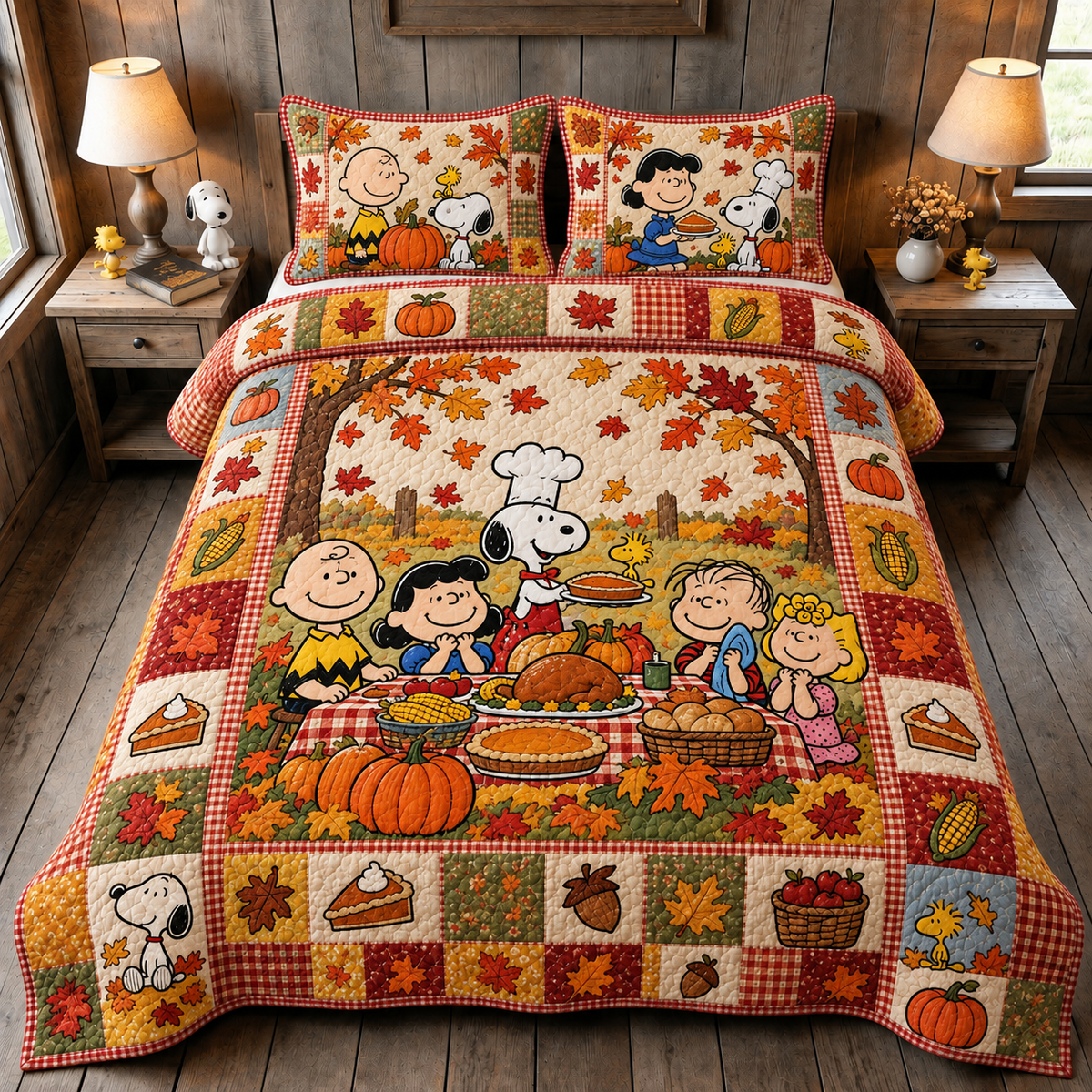 Autumn Harvest Cartoon Friends - Thanksgiving Quilt Bedding Set, Gift for Classic Cartoon Lovers