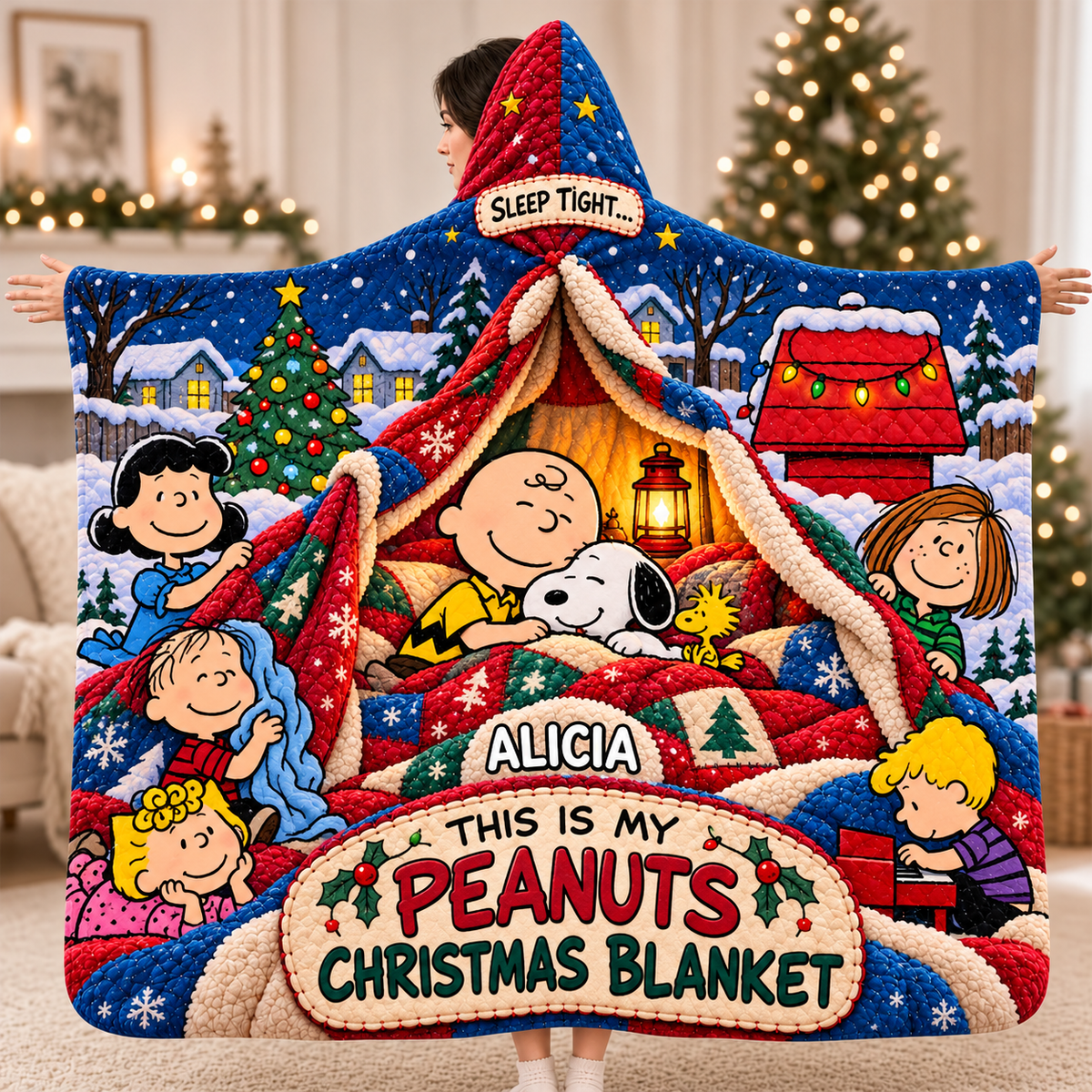 Cozy Christmas Cartoon Friends - Personalized Hoodie Blanket, Holiday Gift for Cartoon Lovers