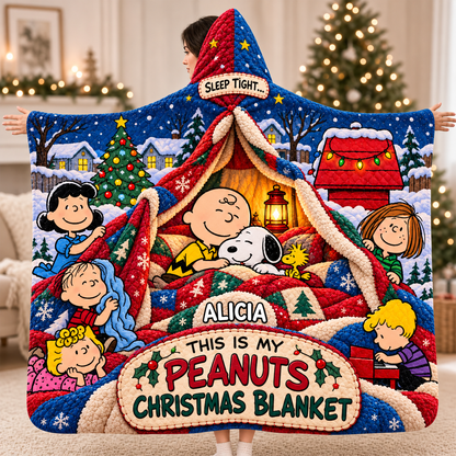 Cozy Christmas Cartoon Friends - Personalized Hoodie Blanket, Holiday Gift for Cartoon Lovers