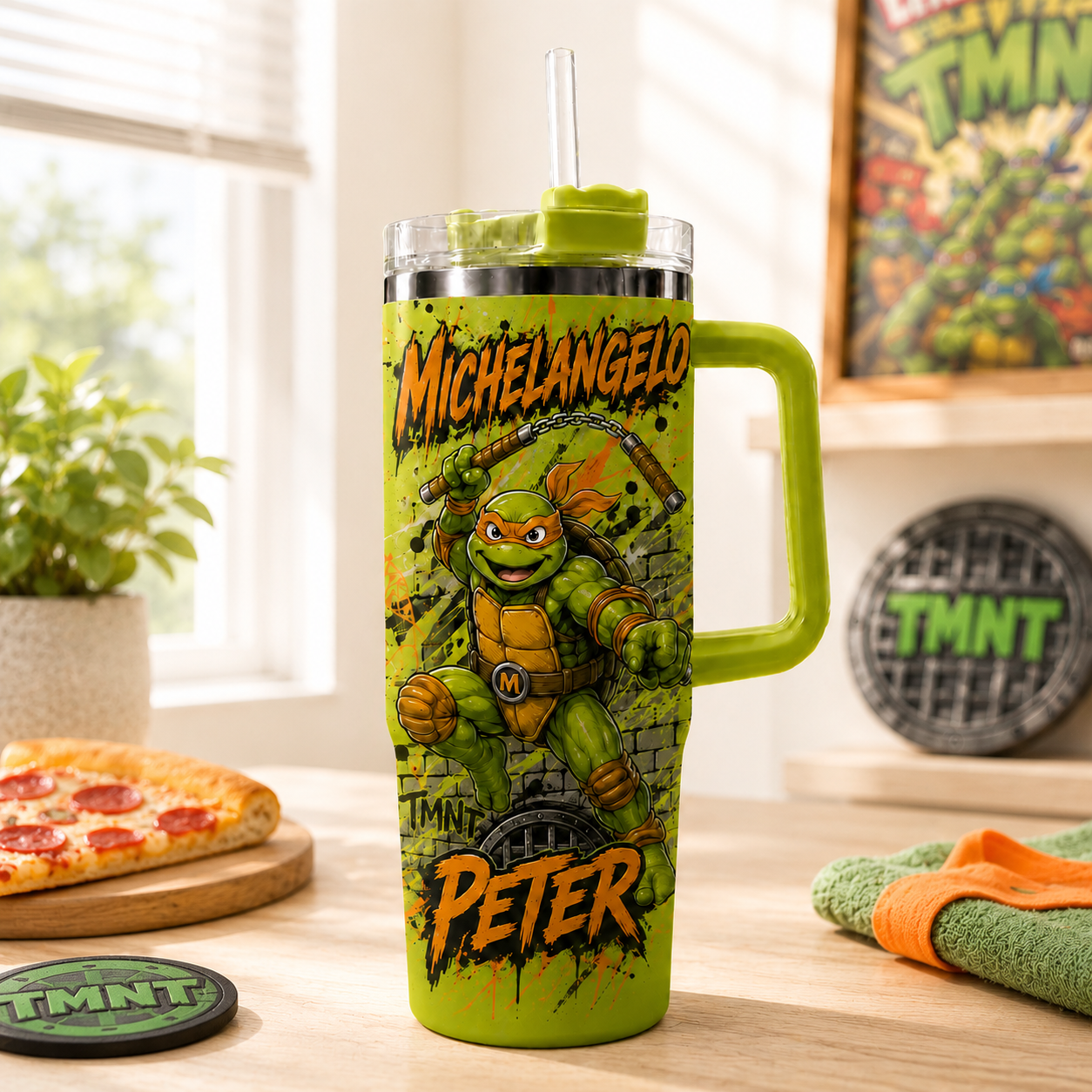 Mutant Hero Turtle Warrior Tumbler with Handle – Premium Comic-Style Insulated Cup, Personalized Gift for Fans