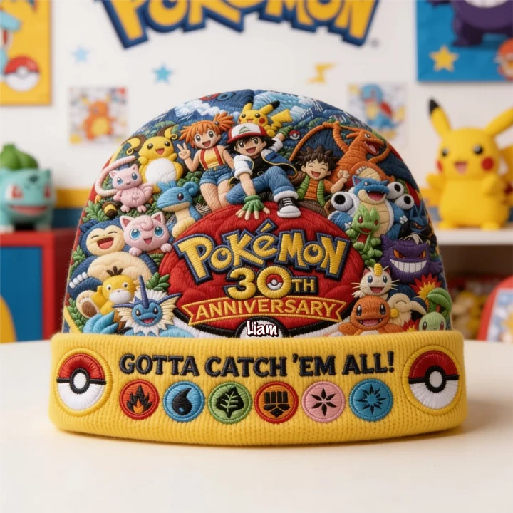 Celebrate 30 Years Of Catching Them All Custom Name Christmas Gift For Movie Fans - Personalized Beanie Hat