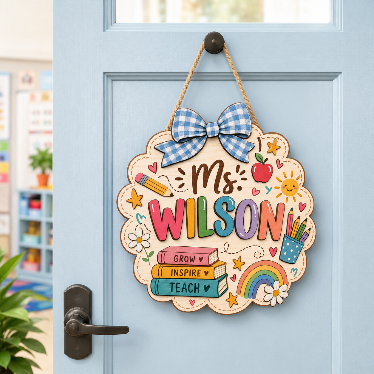 Personalized Teacher Door Sign – Custom Name Wooden Classroom Decor