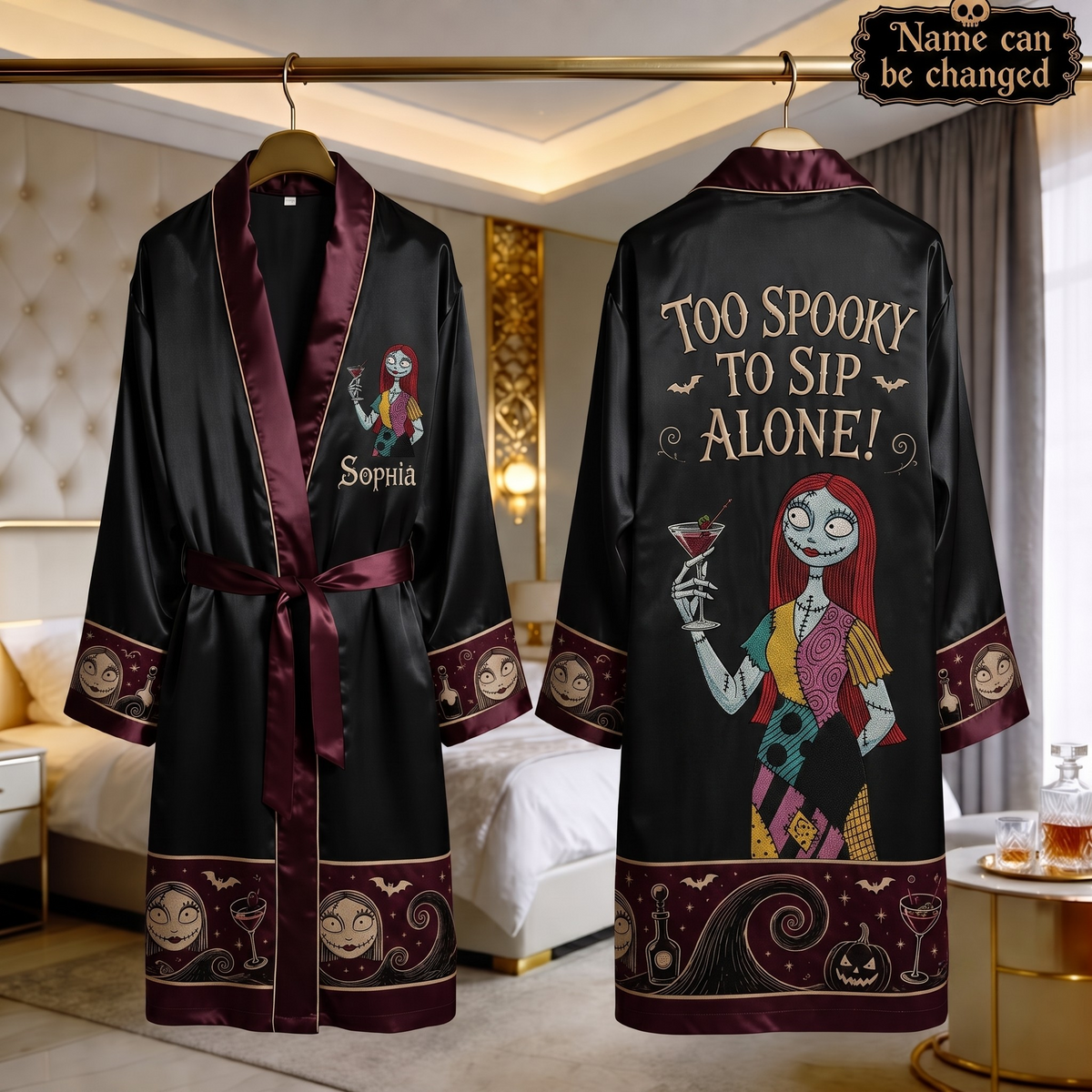 To Spooky To Sip Alone - Personalized Nightmare Skeleton Satin Robe