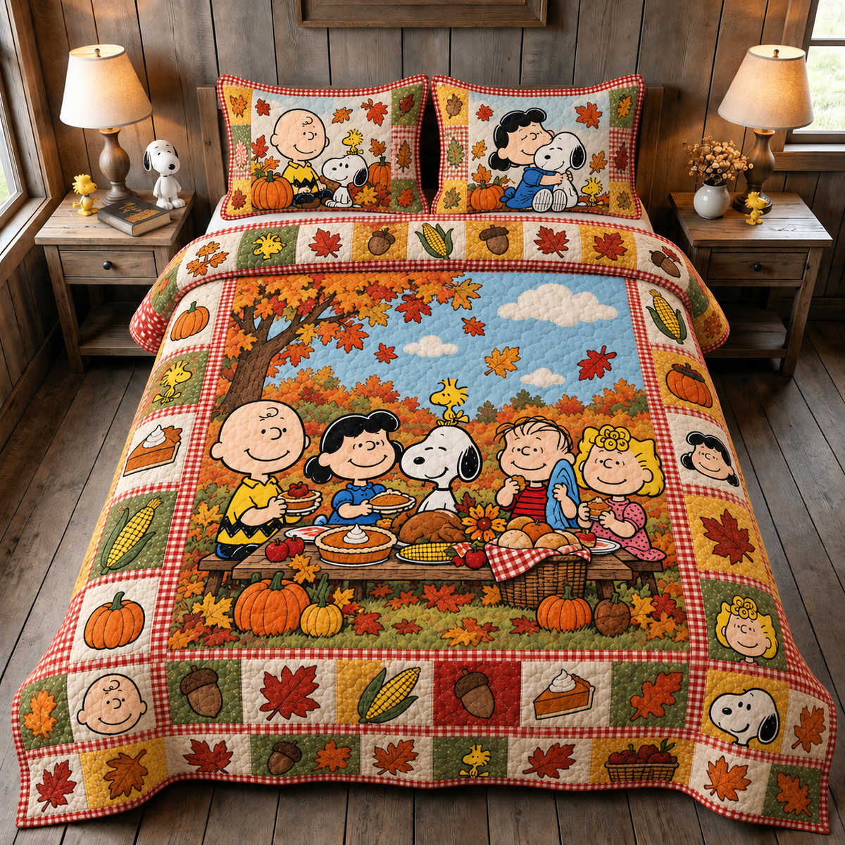 Harvest Friendship Picnic - Autumn Quilt Bedding Set, Cozy Fall Gift for Cartoon Lovers