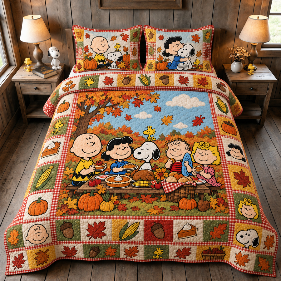 Harvest Friendship Picnic - Autumn Quilt Bedding Set, Cozy Fall Gift for Cartoon Lovers