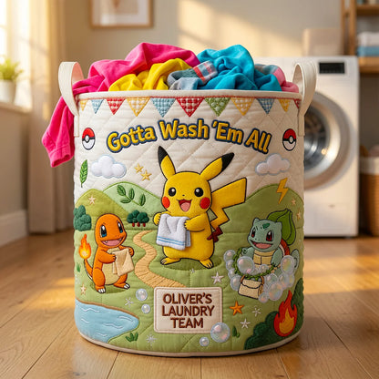 Lovely Characters Doing Laundry Quilted Laundry Basket - Personalized Gifts