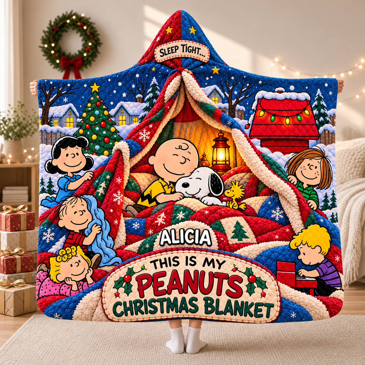 Cozy Christmas Cartoon Friends - Personalized Hoodie Blanket, Holiday Gift for Cartoon Lovers