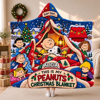 Cozy Christmas Cartoon Friends - Personalized Hoodie Blanket, Holiday Gift for Cartoon Lovers