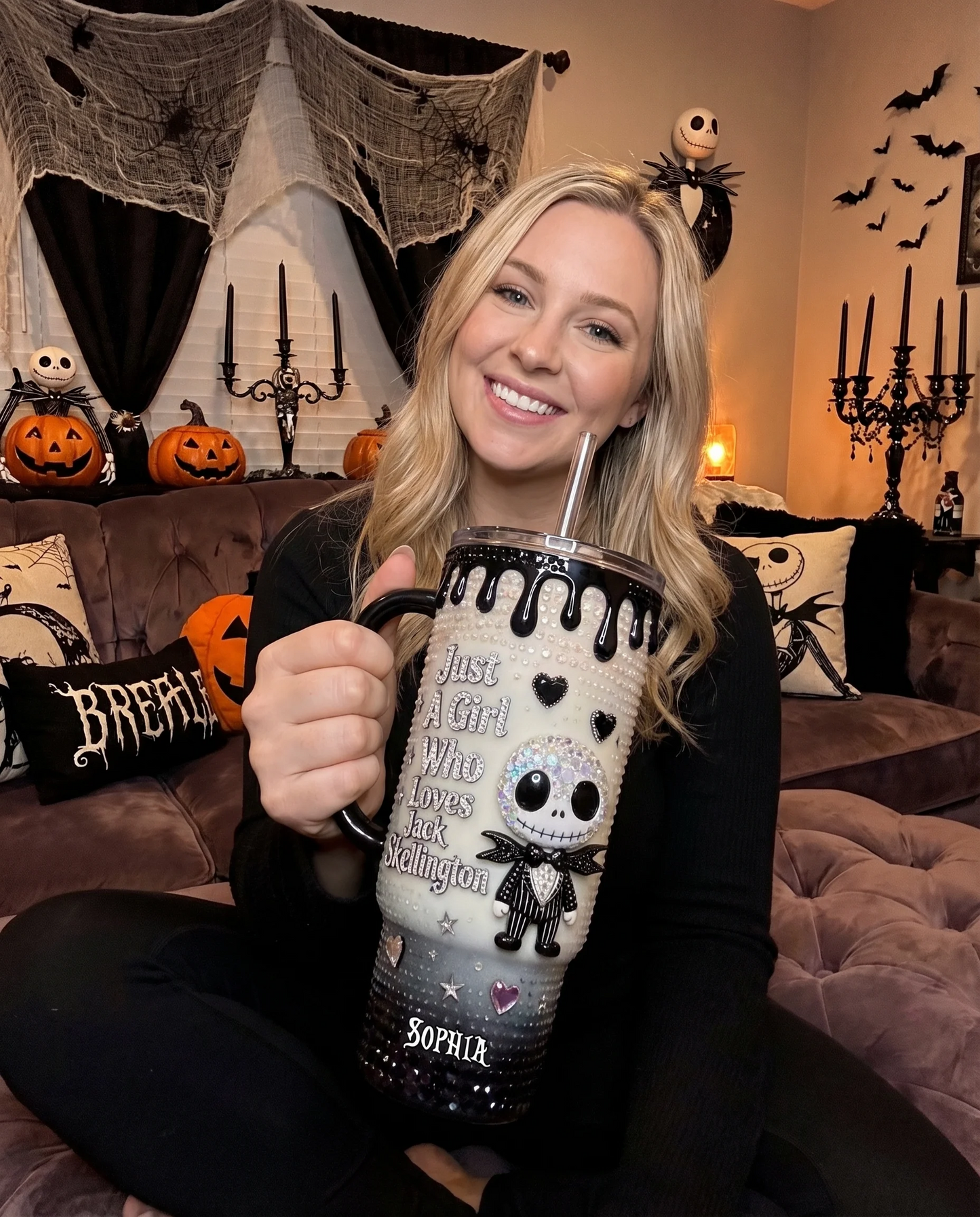 Just A girl Who Loves Nightmare - Personalized Halloween Tumbler With Handle