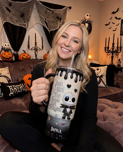 Just A girl Who Loves Nightmare - Personalized Halloween Tumbler With Handle