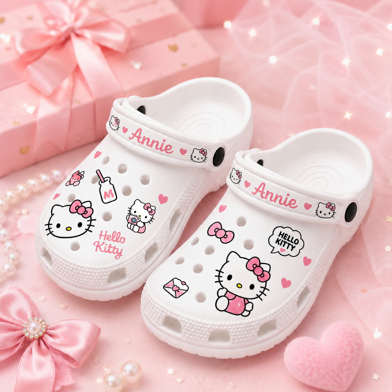 Personalized Kawaii Cat Clogs – Custom Name Cute Pink Cat With Bow Shoes