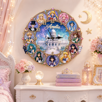 Personalized Magical Girl Acrylic Wall Clock – Custom Name Celestial Moon Anime Decor