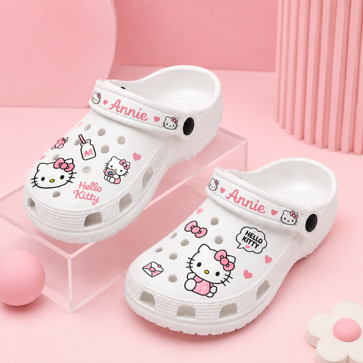 Personalized Kawaii Cat Clogs – Custom Name Cute Pink Cat With Bow Shoes