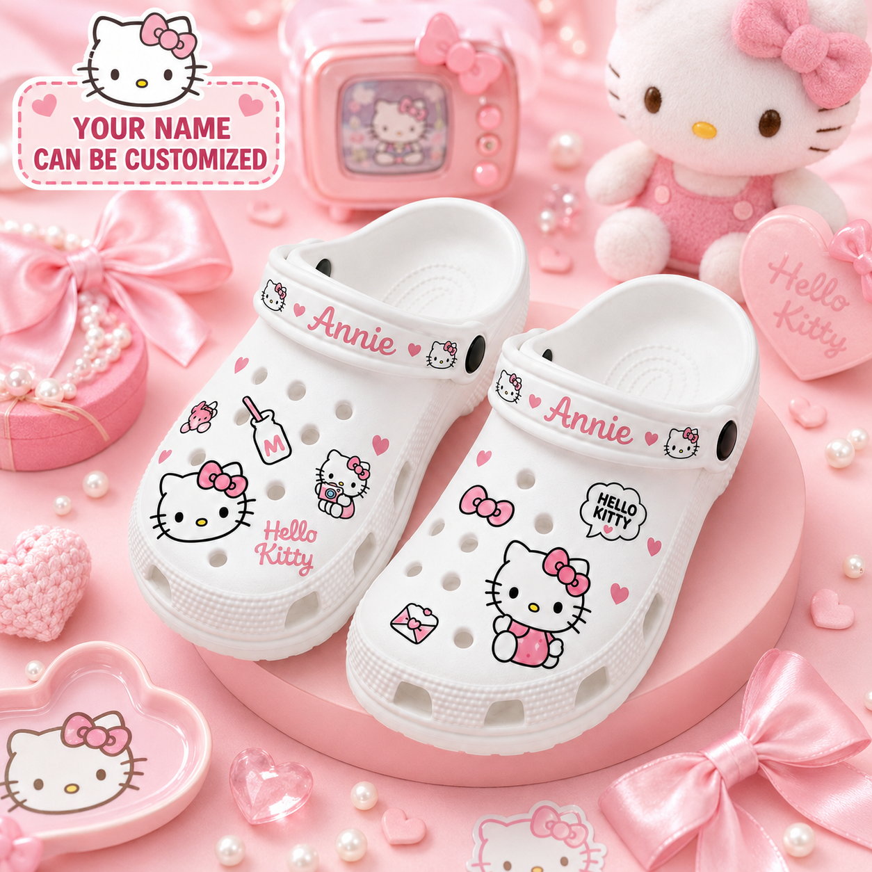 Personalized Kawaii Cat Clogs – Custom Name Cute Pink Cat With Bow Shoes