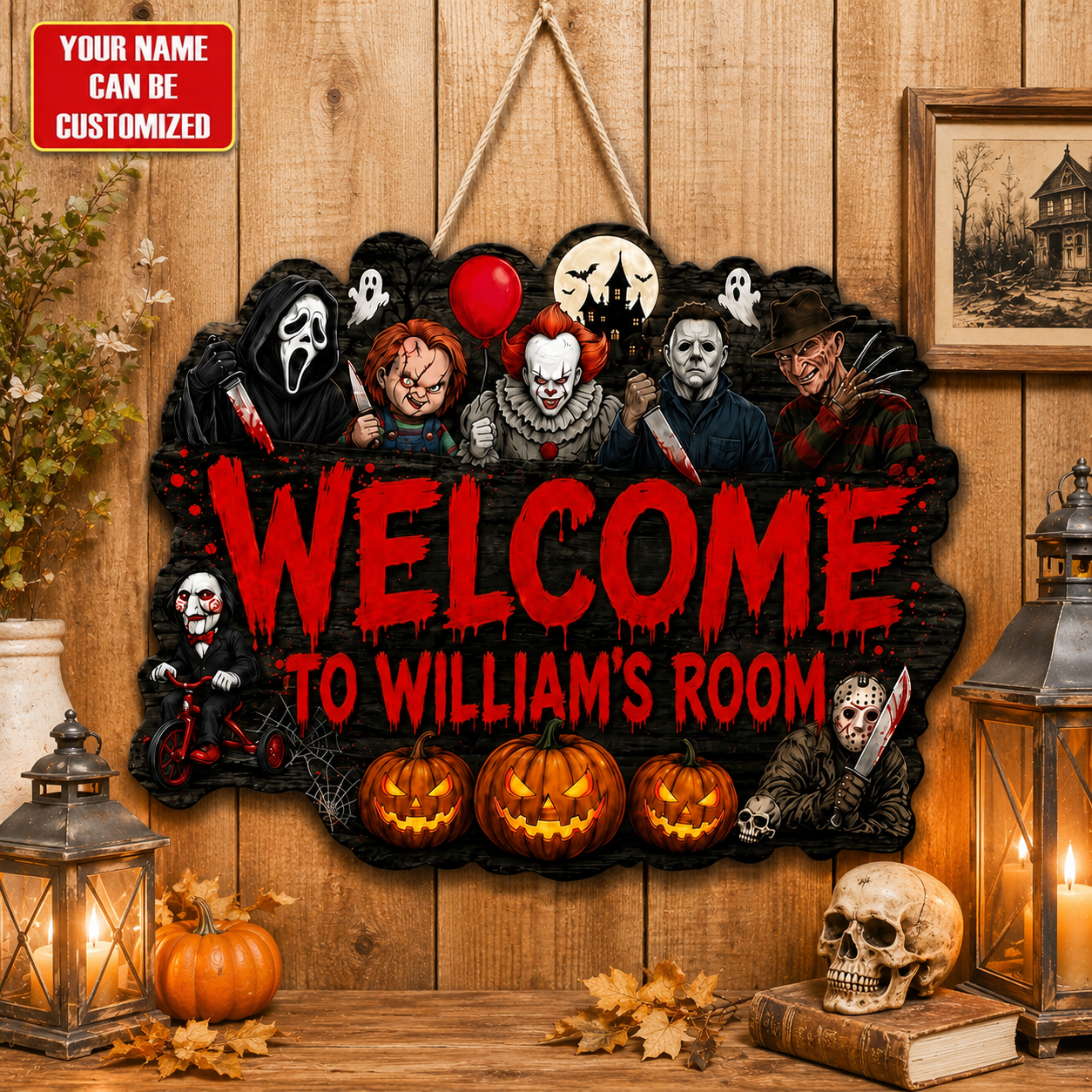 Personalized Horror Legends Halloween Door Sign – Custom Name Horror Characters Spooky Wooden Room Decor