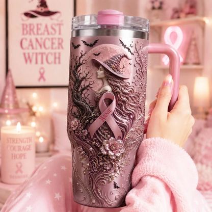 Pink Witches Ribbon Breast Cancer Awareness Tumbler - Personalized Tumbler
