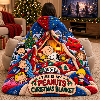 Cozy Christmas Cartoon Friends - Personalized Hoodie Blanket, Holiday Gift for Cartoon Lovers
