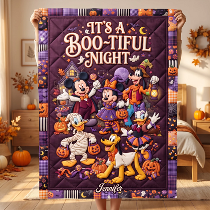 Personalized Mouse Friends Halloween Quilt Blanket - Custom Name Cartoon Blanket