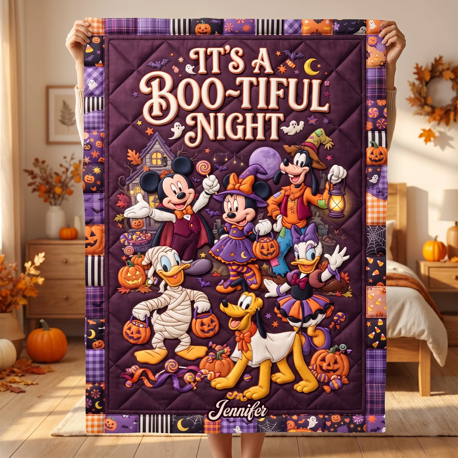 Personalized Mouse Friends Halloween Quilt Blanket - Custom Name Cartoon Blanket