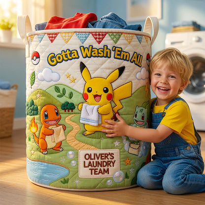 Lovely Characters Doing Laundry Quilted Laundry Basket - Personalized Gifts