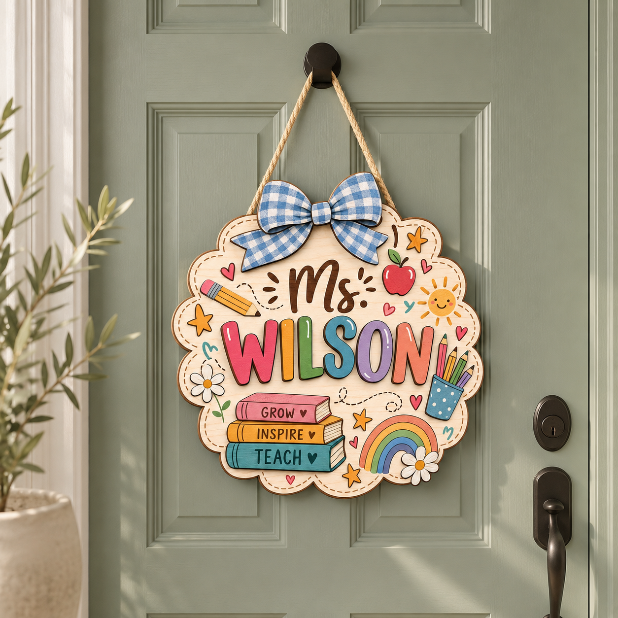 Personalized Teacher Door Sign – Custom Name Wooden Classroom Decor