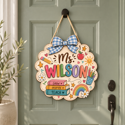 Personalized Teacher Door Sign – Custom Name Wooden Classroom Decor