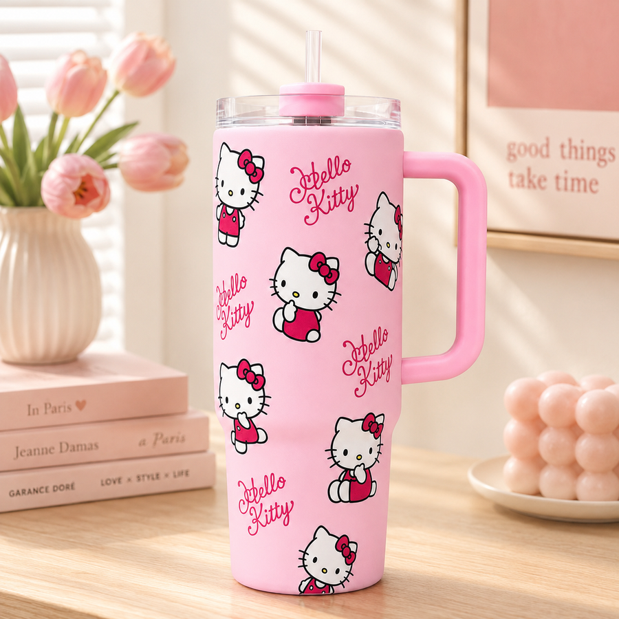 Personalized Cute Cartoon Cat Tumbler with Handle - Pink Insulated Travel Tumbler - Kawaii Style Gift for Her