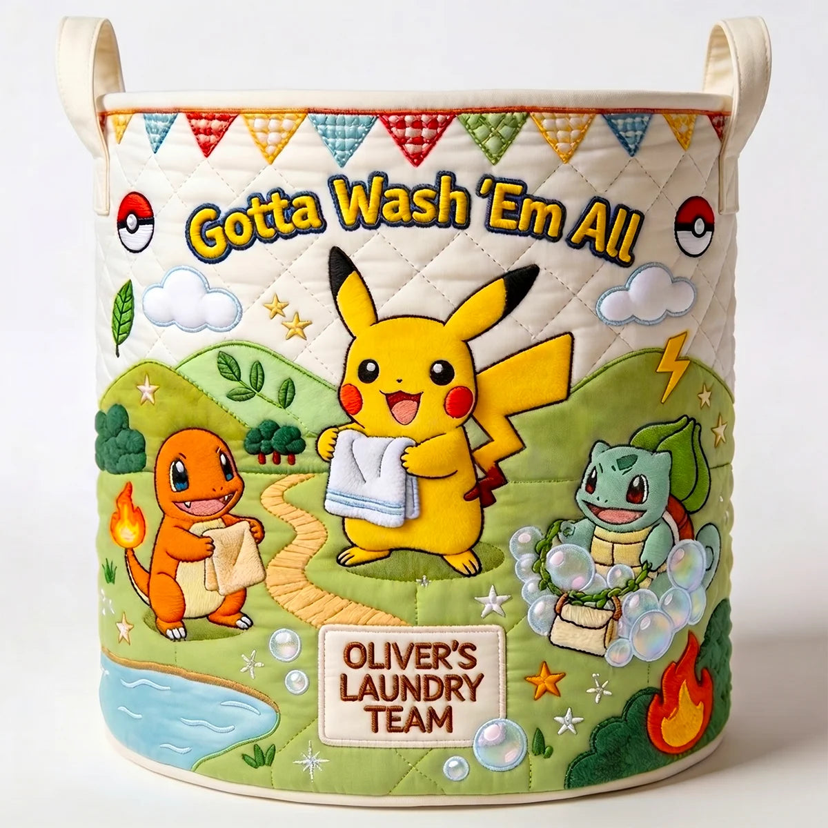 Lovely Characters Doing Laundry Quilted Laundry Basket - Personalized Gifts