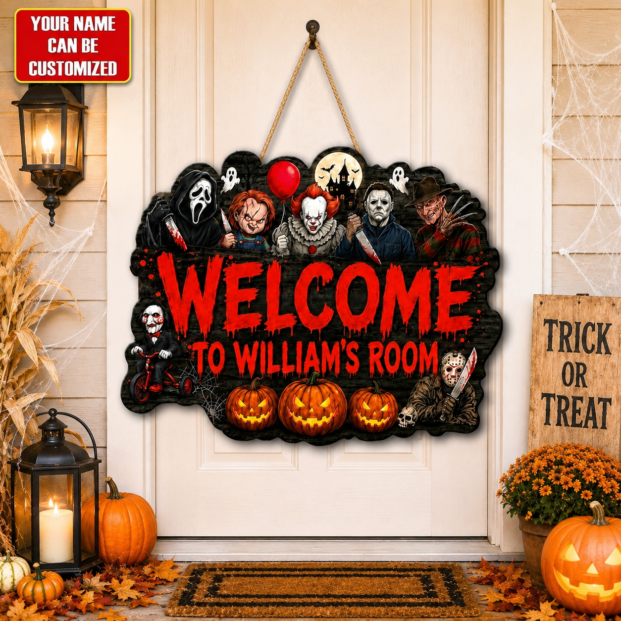 Personalized Horror Legends Halloween Door Sign – Custom Name Horror Characters Spooky Wooden Room Decor