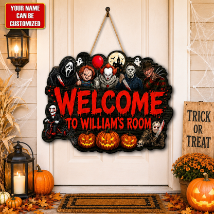 Personalized Horror Legends Halloween Door Sign – Custom Name Horror Characters Spooky Wooden Room Decor