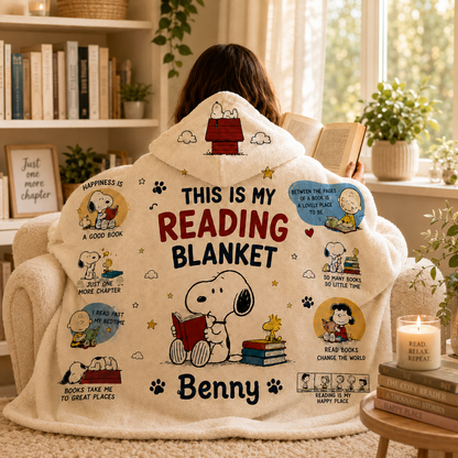 Personalized Book Lover Hooded Blanket, Custom Name Cute Dog Blanket, Reader Gift