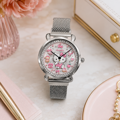 Personalized Pink Bow Cat hand Watch – Custom Name Gift for Her