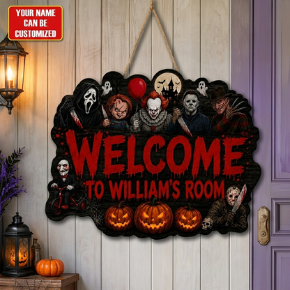 Personalized Horror Legends Halloween Door Sign – Custom Name Horror Characters Spooky Wooden Room Decor