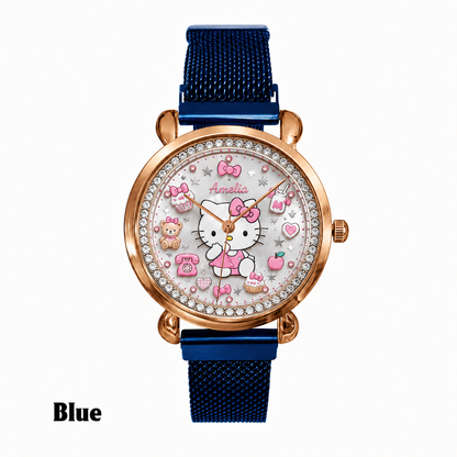 Personalized Pink Bow Cat hand Watch – Custom Name Gift for Her