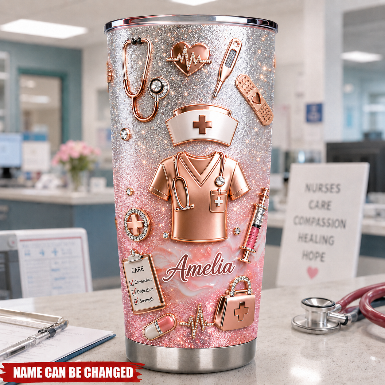 Personalize Pink Nurse Tumbler - Custom Name Nursing Tumbler